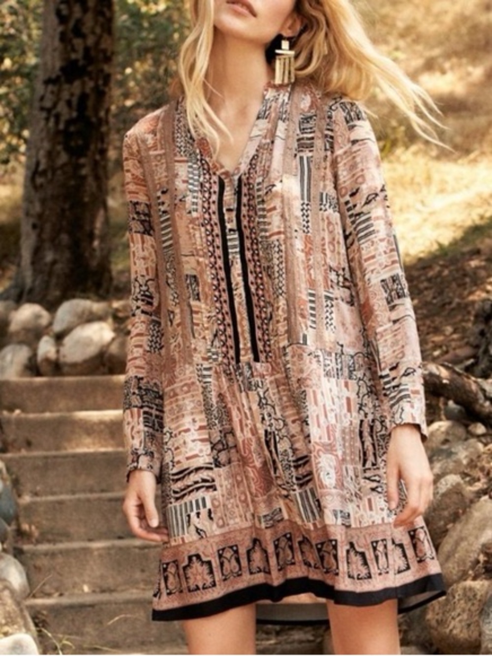 Anthropologie Tiny XS Patchwork Boho Dress Long Sleeve Button Front Tunic Mini
